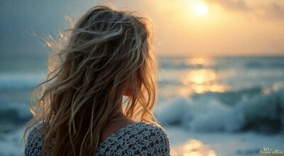 A woman with windswept hair seen from behind watching waves at sunset