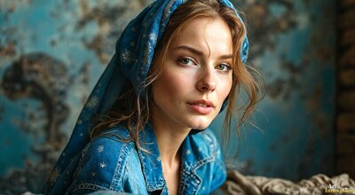 A woman in a blue scarf and denim jacket in front of a weathered wall