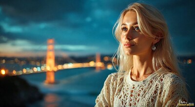 A blond woman in a cream knit sweater, the Golden Gate Bridge lit behind her