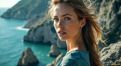 A woman with windswept hair on a cliff above a turquoise cove