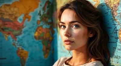 A woman with long brown hair leaning against a colorful world map