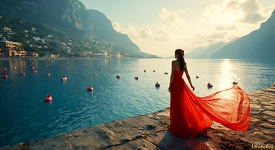 A woman in a flowing red dress on a stone pier above a calm mountain lake