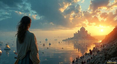 A woman seen from behind on a terrace overlooking a harbor and a domed island at sunset