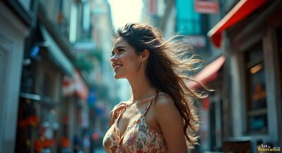 A smiling woman with windswept hair on a narrow street of shops