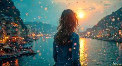 A woman seen from behind above a canal town at sunset as glowing petals drift through the air