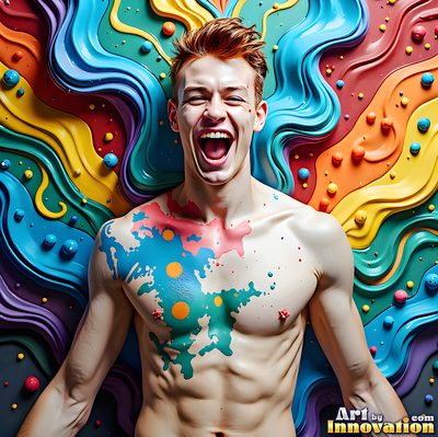 The male form in bold color, light, and motion. Cinematic UHD abstract art.