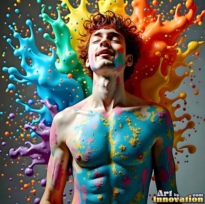 The male form in bold color, light, and motion. Cinematic UHD abstract art.