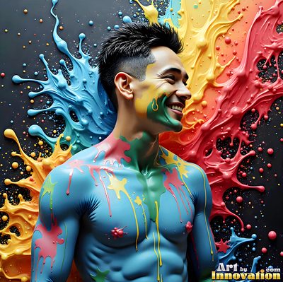 The male form in bold color, light, and motion. Cinematic UHD abstract art.