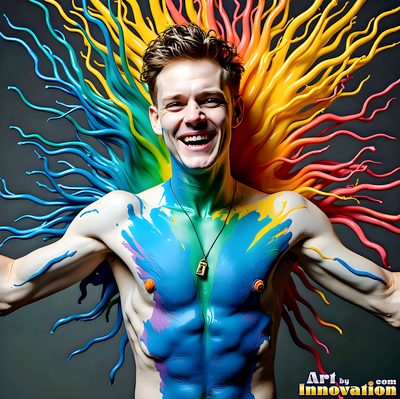 The male form in bold color, light, and motion. Cinematic UHD abstract art.