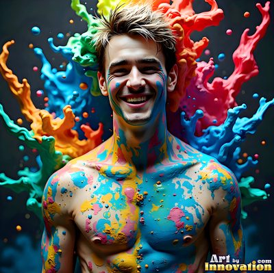The male form in bold color, light, and motion. Cinematic UHD abstract art.
