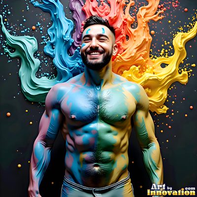 The male form in bold color, light, and motion. Cinematic UHD abstract art.