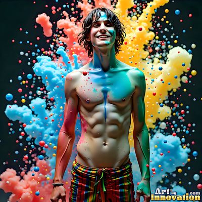 The male form in bold color, light, and motion. Cinematic UHD abstract art.