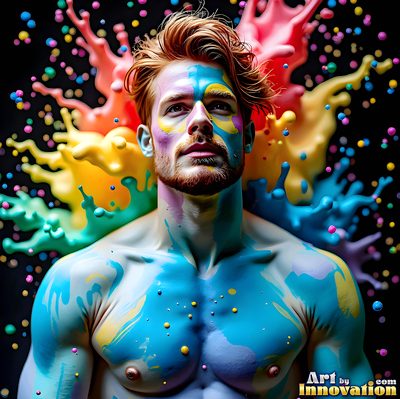 The male form in bold color, light, and motion. Cinematic UHD abstract art.