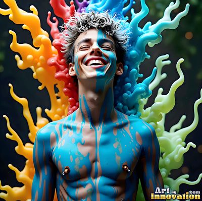 The male form in bold color, light, and motion. Cinematic UHD abstract art.