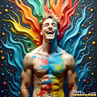 The male form in bold color, light, and motion. Cinematic UHD abstract art.