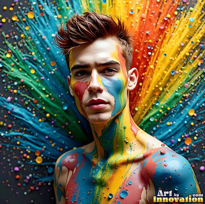 The male form in bold color, light, and motion. Cinematic UHD abstract art.