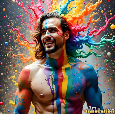 The male form in bold color, light, and motion. Cinematic UHD abstract art.
