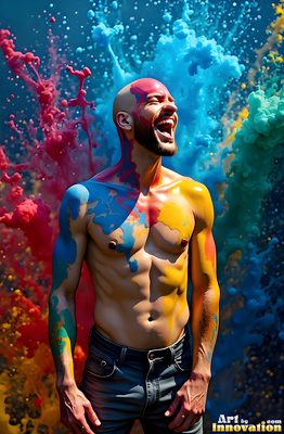 The male form in bold color, light, and motion. Cinematic UHD abstract art.