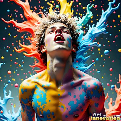 The male form in bold color, light, and motion. Cinematic UHD abstract art.