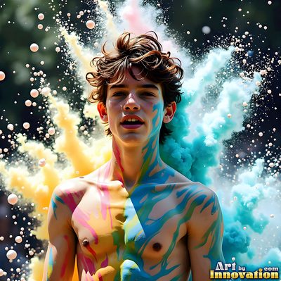 The male form in bold color, light, and motion. Cinematic UHD abstract art.