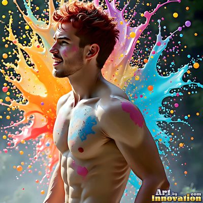 The male form in bold color, light, and motion. Cinematic UHD abstract art.