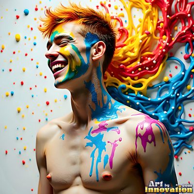 The male form in bold color, light, and motion. Cinematic UHD abstract art.