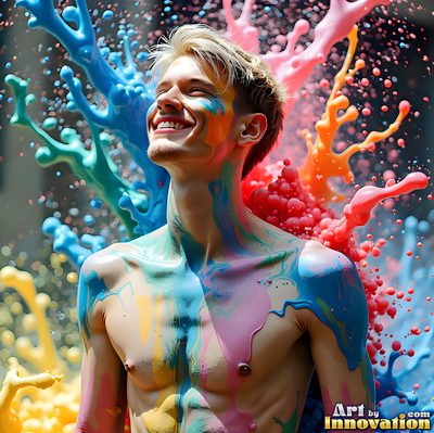 The male form in bold color, light, and motion. Cinematic UHD abstract art.