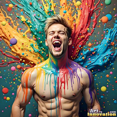 The male form in bold color, light, and motion. Cinematic UHD abstract art.