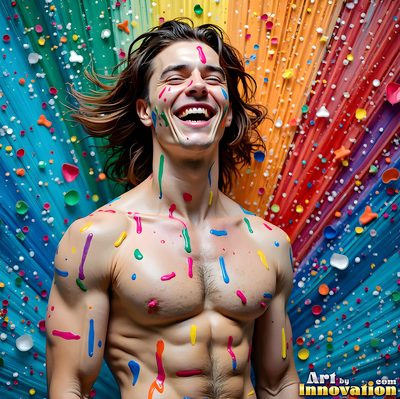 The male form in bold color, light, and motion. Cinematic UHD abstract art.