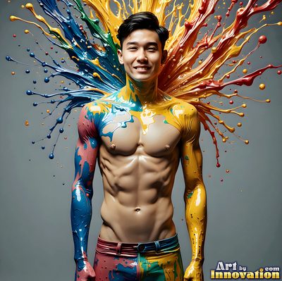 The male form in bold color, light, and motion. Cinematic UHD abstract art.