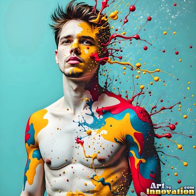 The male form in bold color, light, and motion. Cinematic UHD abstract art.