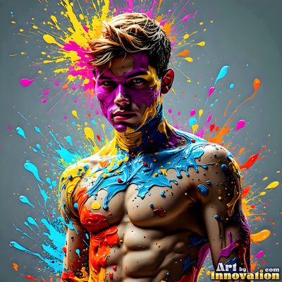 The male form in bold color, light, and motion. Cinematic UHD abstract art.