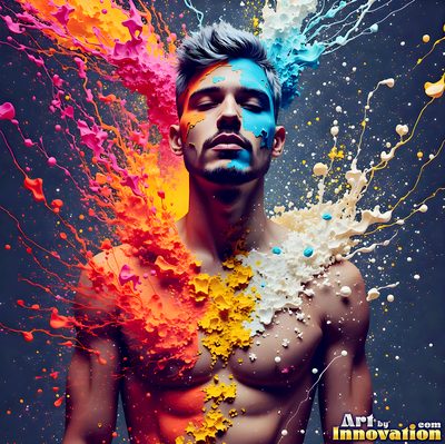 The male form in bold color, light, and motion. Cinematic UHD abstract art.