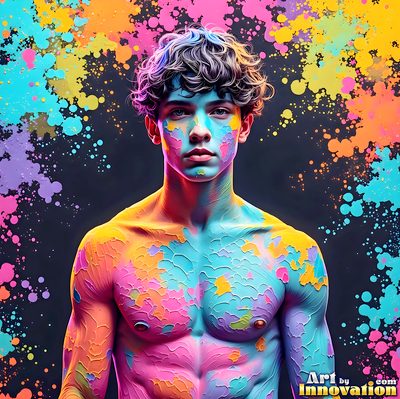 The male form in bold color, light, and motion. Cinematic UHD abstract art.