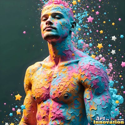 The male form in bold color, light, and motion. Cinematic UHD abstract art.