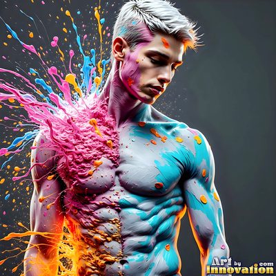 The male form in bold color, light, and motion. Cinematic UHD abstract art.