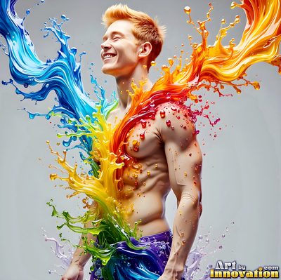 The male form in bold color, light, and motion. Cinematic UHD abstract art.