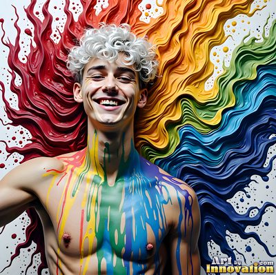 The male form in bold color, light, and motion. Cinematic UHD abstract art.