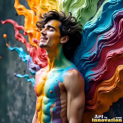 The male form in bold color, light, and motion. Cinematic UHD abstract art.