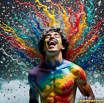 The male form in bold color, light, and motion. Cinematic UHD abstract art.