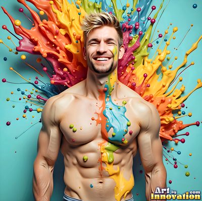 The male form in bold color, light, and motion. Cinematic UHD abstract art.
