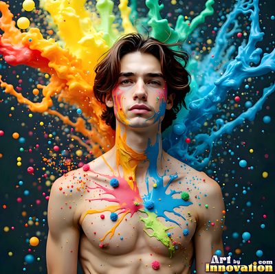 The male form in bold color, light, and motion. Cinematic UHD abstract art.