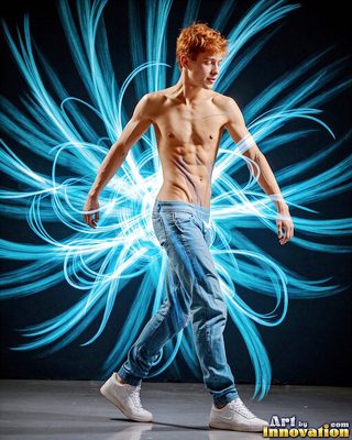 The male form in bold color, light, and motion. Cinematic UHD abstract art.