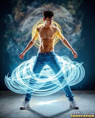 The male form in bold color, light, and motion. Cinematic UHD abstract art.