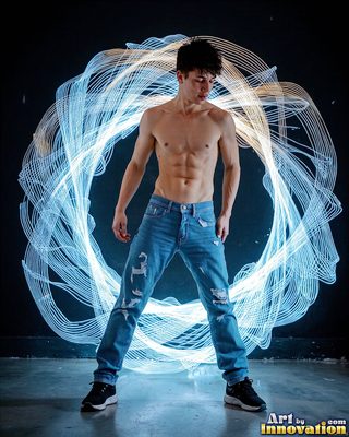 The male form in bold color, light, and motion. Cinematic UHD abstract art.