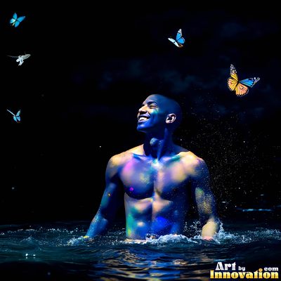 The male form in bold color, light, and motion. Cinematic UHD abstract art.