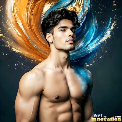 The male form in bold color, light, and motion. Cinematic UHD abstract art.