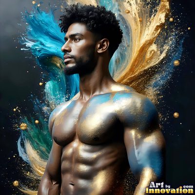 The male form in bold color, light, and motion. Cinematic UHD abstract art.