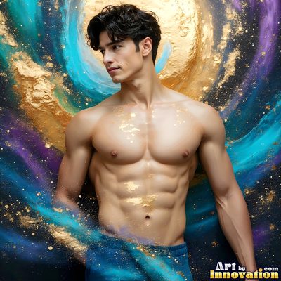 The male form in bold color, light, and motion. Cinematic UHD abstract art.