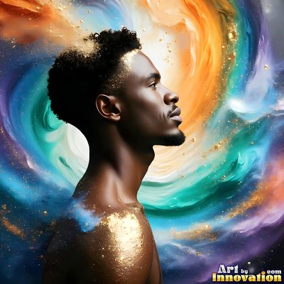 The male form in bold color, light, and motion. Cinematic UHD abstract art.
